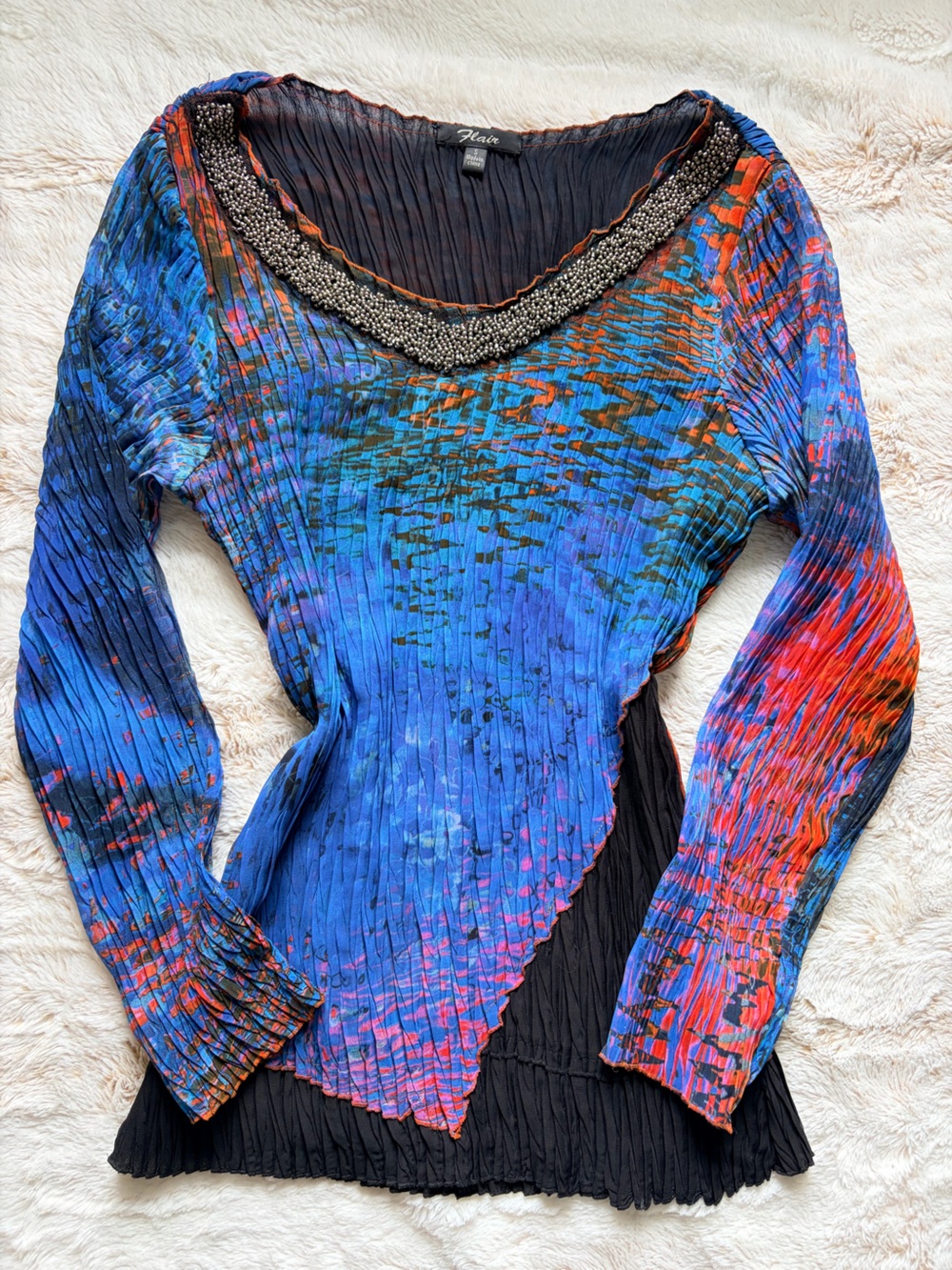 Vintage Blue and Red Pleated Beaded-Neckline Blouse